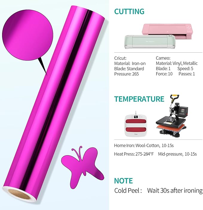 VINYL FROG Metallic Foil HTV Vinyl Roll 12" x5ft Fushcia Chrome Heat Transfer Vinyl Iron on Vinyl Easy to Cut & Weed DIY Heat Press Design for T-Shirts