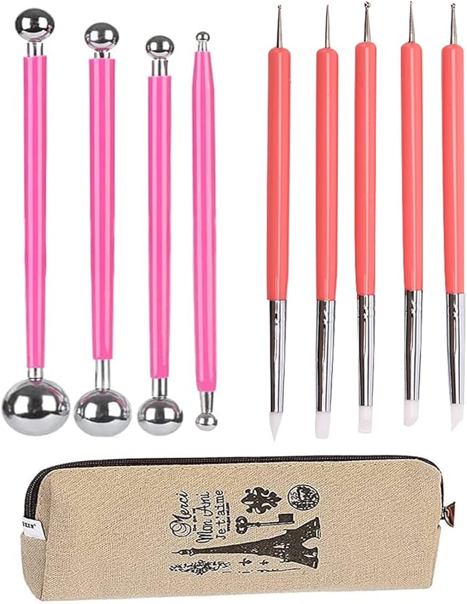 4PCS Double-Ended Metal Ceramic Clay Ball Stylus Dotting Tools and 5PCS 2 Way Silicone Polymer and Embossing Paper Flower Indentation Tool for Drawing