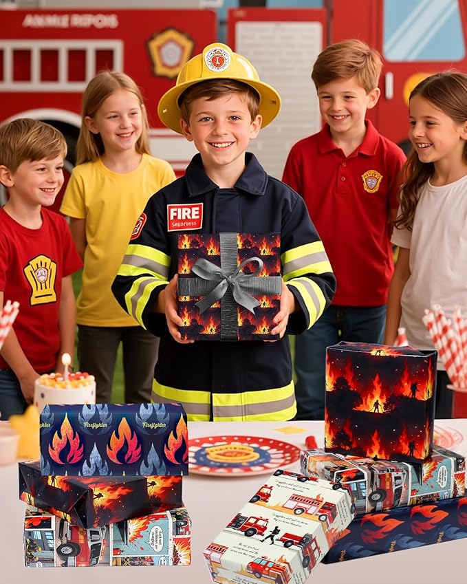 Pineraap 12 Sheets Firefighter Themed Wrapping Paper, Fire Safety Gift Wrap for Firefighter, Folded Flat Art Paper for Birthday Parties, Fireman Theme Favors, Thank You & Appreciation,19.7 x 27.6 Inch