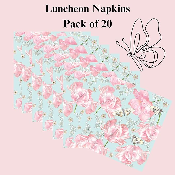 20-ct 13x13 Flowers Paper Luncheon Decoupage Napkins, 3-Ply Servilletas Printed Flower Pink Tulips Cocktail Napkin for Art, Dinner and Party, Disposable Napkins Decor
