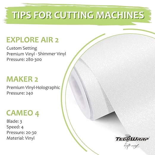 TECKWRAP White Permanent Glitter Vinyl – White Glitter Adhesive Vinyl Roll 1ft x 5ft, Shimmer Vinyl for DIY Crafts, Decals, Stickers