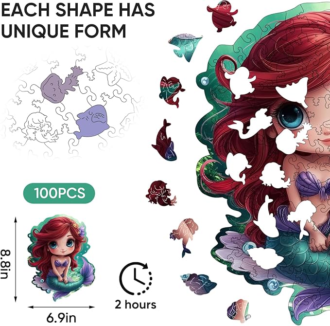 Wooden Puzzles for Adult and Kids, 100 Pieces Ocean Puzzle, Mermaid Unique Shaped Wooden Preschool Puzzle, Toddler Wooden Puzzle Toy Gift for Family and Friends, Suitable for Family Games
