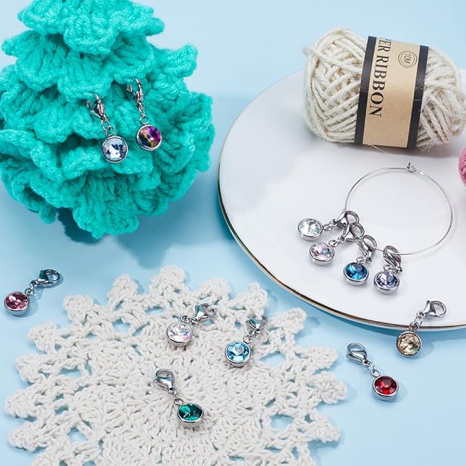 SUNNYCLUE 1 Box 12pcs Knitting Stitch Markers Knitting Crochet Markers Rhinestone Crystal Brirthstone Charms Crochet for Weaving Sewing Needleworks DIY Craft Gift Supplies