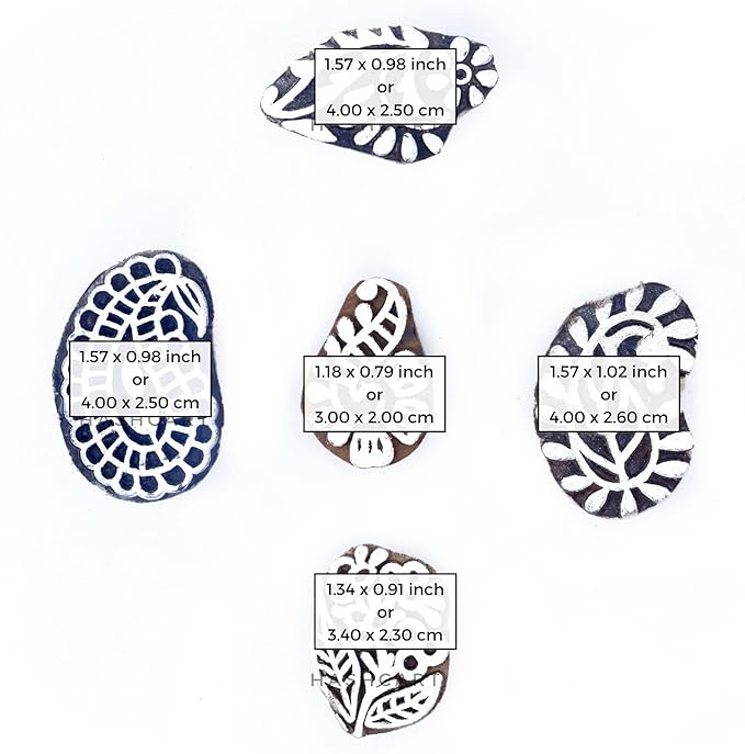 HASHCART® Paisley Shapes Wooden Printing Stamps for Block Print, Handcarved Indian Textile Printing Blocks for Tattoo Saree Border Scrapbooking Kids Paper Clay, Pottery Stamps [ Set of 5 ]