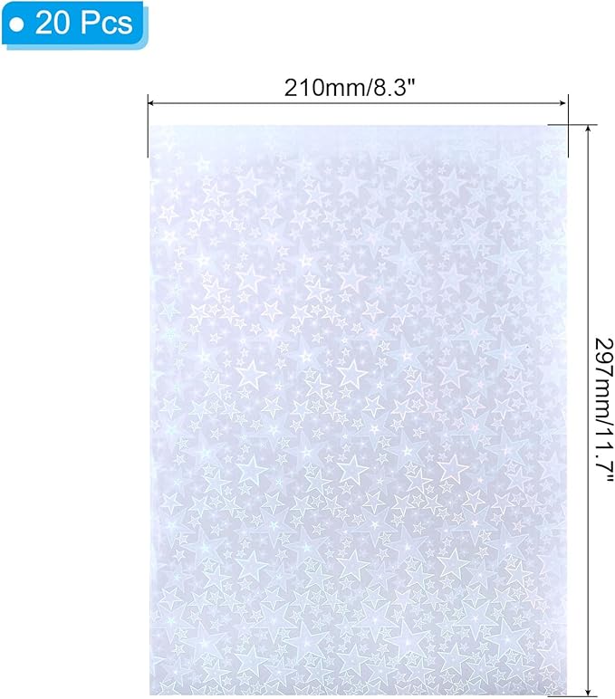 PATIKIL 11.7x8.3" Holographic Sticker Paper, 20Sheets A4 Polypropylene Self-Adhesive Transparent Waterproof Laminate Overlay Film for Photo Cards Scrapbook Decorations, Pentagram