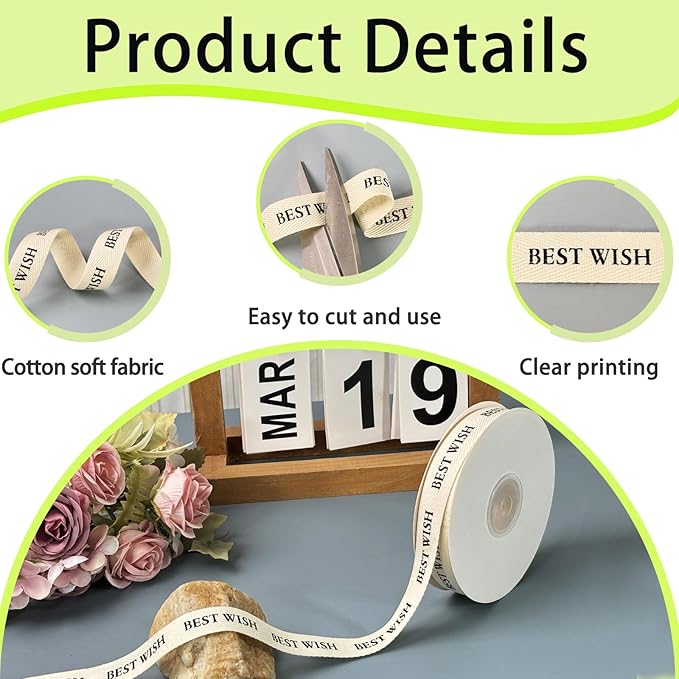 Cotton Herringbone Ribbon - Natural Twill Tape for Custom Gift Wrapping & DIY Crafts-5/8 Inch x 15 Yards - Best Wish Printed Phrase