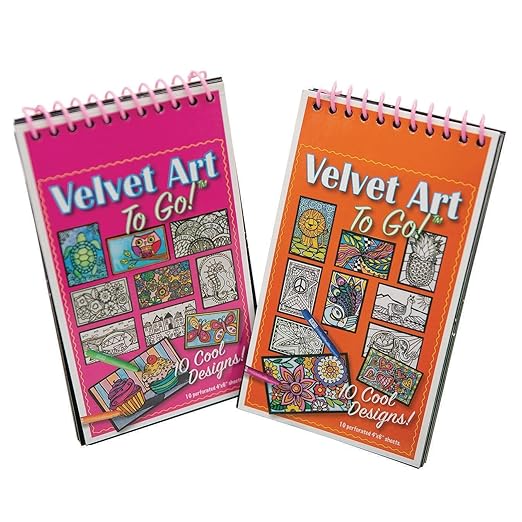 S&S Worldwide Velvet Art To Go! 2 Spiral Bound Coloring Books w/Perforated Cardstock Pages, Fuzzy, Felt, Great for Travel: Planes, Cars, Backpacks, 20 Different Projects Total, Kids & Adults, 4"x6".