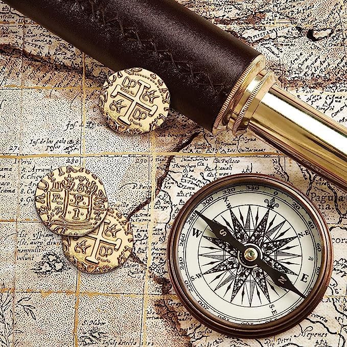 Large Metal Pirate Coins - 35 Rose Gold Treasure Coin Set, Metal Replica Spanish Doubloons for Pirate Party Decorations & Favors, Tokens, Toys, Cosplay - Pirate Treasure Chest - Size 0,98"