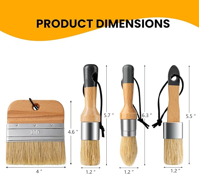 Chalk Paint Brushes Set of 4, Wax Brushes, Flat Pointed and Round Brush with Natural Bristles for Chalk Paint and Wax, Perfect for Painting or Waxing Furniture, Ideal for Home Decor