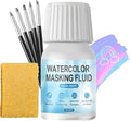 WANJAO Masking Fluid for Watercolor Painting, Liquid Masking Tape with Silicone Pens Cleaning Brush for Painting Fast Drying Easy Peel Use to Art Watercolor Supplies Retouching Covering, 30ml White