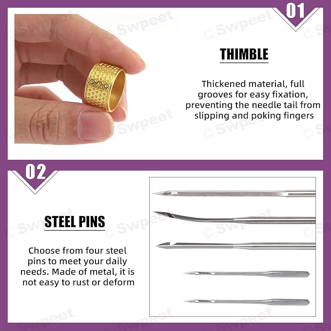 Swpeet 10Pcs Portable Copper Handle Canvas Leather Sewing Awl Needle and 3 Colors Nylon Waxed Thread Cord with Thimble Assortment Kit, Leather Sewing Tools for Canvas, Shoe and Leather Repair