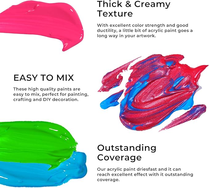 ARTME Acrylic Paint Set, 60 Colors in 2oz/60ml Bottles, Non Toxic, Waterproof, Rich Pigments Acrylic Paint for Artists, Students, Beginners Painting on Rocks Canvas Wood Clay Fabric Ceramic Crafts