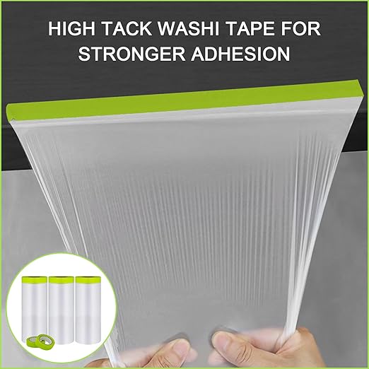 Pre-Taped Masking Film-55inx65ft Tape and Drape Painters Paper Rolls, Plastic Painting Film for Automotive Painting Covering （Masking Film:3rolls,Tape:2rolls）