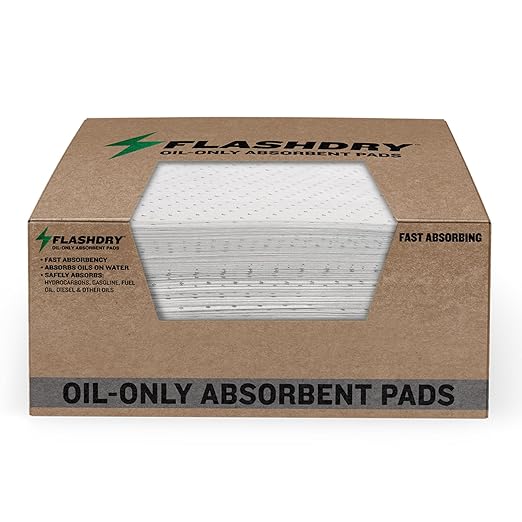 FlashDry Oil Absorbent Pads – High Absorbency of Oil-Based Liquids, Water-Repellent, Tear-Resistant, Premium Mats, Ideal for Garage, Driveway, Automotive, Marine Use, 17.5” x 13.5”, 100-Count Box