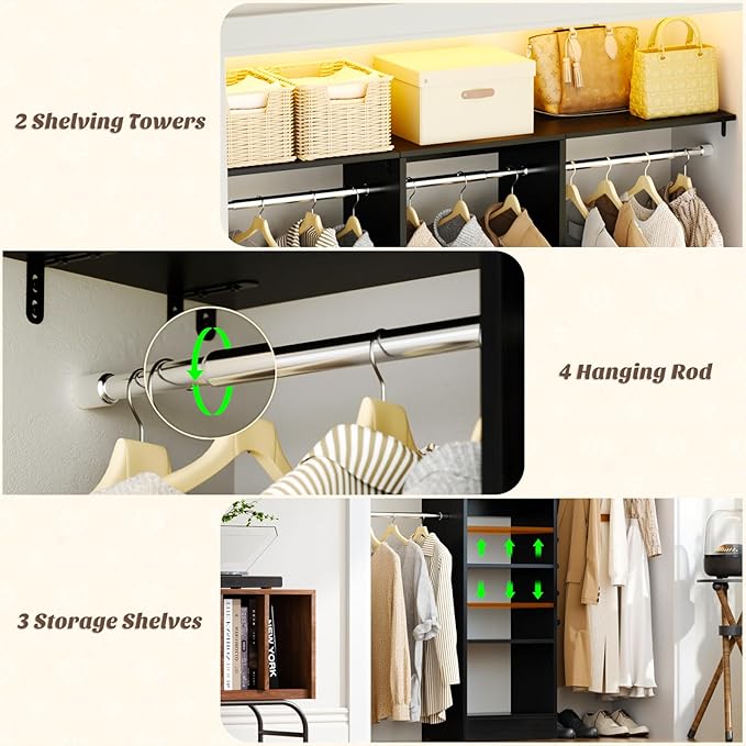 48" Small Closet Organizer, 4FT Small Closet System with 4 Closet Rods & 3 Shelves, 80"H Small Closet Organizers and Storage for Small Bedooms, Cloakrooms, Laundry Rooms, Black