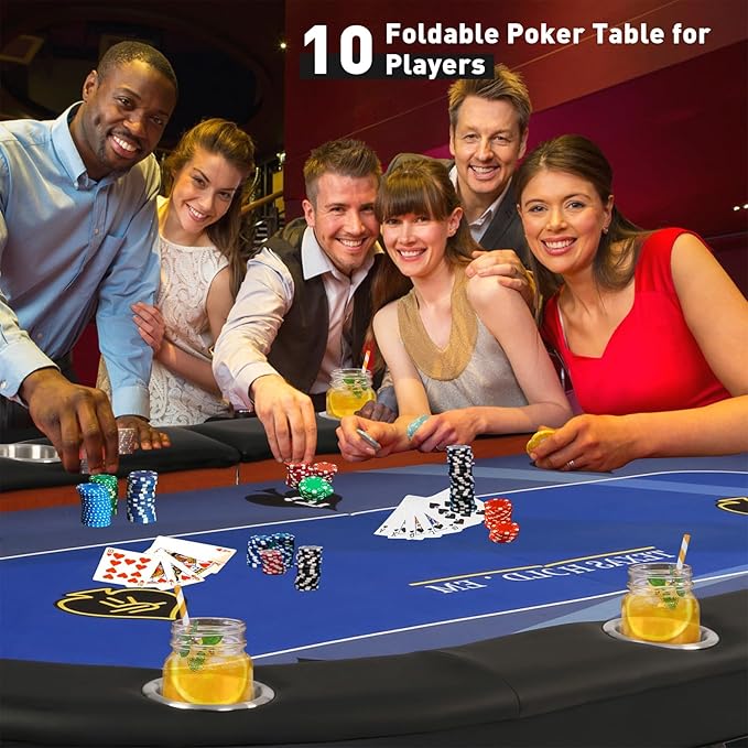 Upgrade Foldable Poker Table for 10 Players - Texas Holdem & Blackjack Board Game Table - Large Casino Table with 10 Stainless Steel Cup Holders & Padded Rails - Perfect for Texas Casino Leisure Game