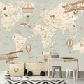 AFZEVEB-Vintage Animal Wallpaper Cartoon Aircraft Map Wall murals for Kids Room 159"x107"(Not Peel and Stick)