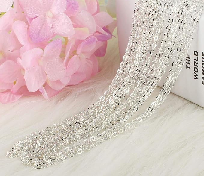 ALEXCRAFT Wholesale 12 PCS Silver Plated Brass Flat Cable Chains Bulk for DIY Jewelry Making (18 Inch(2mm))