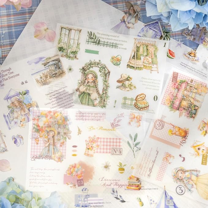 4Pcs Girl Pre-Cut Sticker Books, PET and Washi Designs for Scrapbooking, Journaling Supplies, Junk Journal Ephemera, Includes Organizer