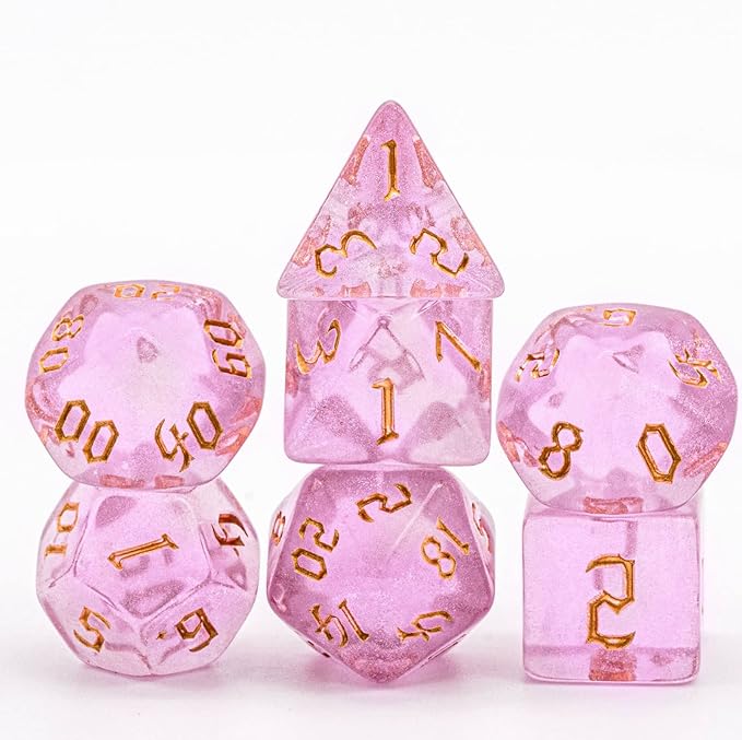 7-Die DND Dice Set Polyhedral Dice Set with a Leather Dice Bag, D&D Dice Set for Dungeons and Dragons, RPG Table Games (Pink/G)