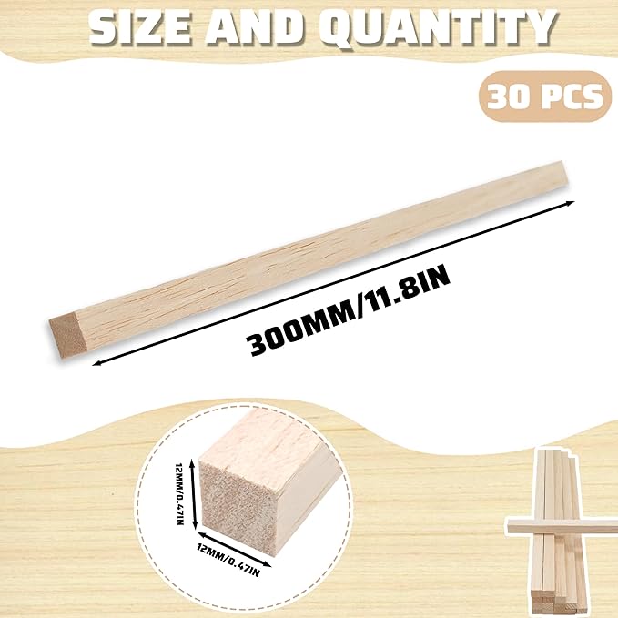 Balsa Wood Square Dowels 30Pcs 1/2 x 1/2 x 12 inch DIY Sticks for Crafts Model Making(1/2"x12"-30pcs)