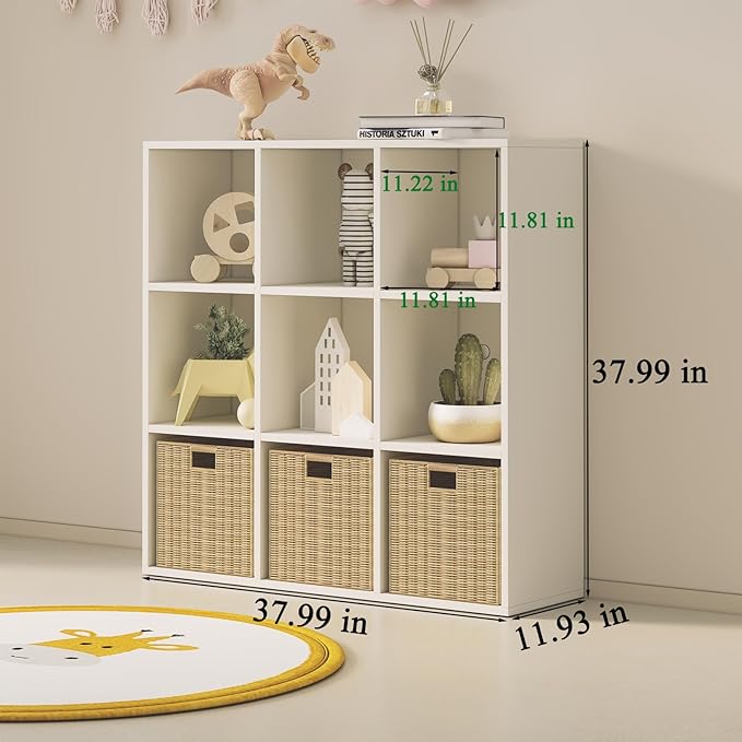 Wood Cube Storage Organizer Closet Cabinet for Living Room Bedroom Study Shelf Bookcase Wooden Floor Standing Open Bookshelf for Kids Home Office Display Storage Cabinet (White, 9-Cube, 11.81in)