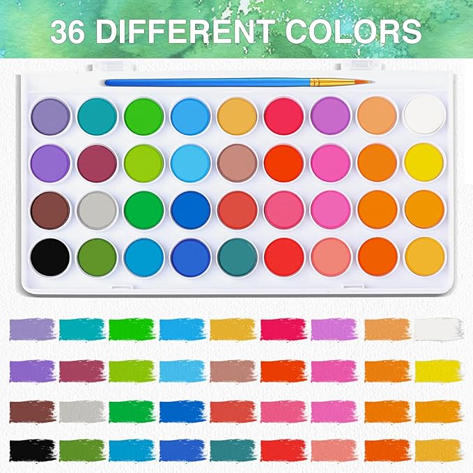 AROIC 65 Pieces Watercolor Paint Set,36 Colors Watercolor,10 Brushes,3 Refillable Water Brush Pens,16 Page Pad(8.5 * 5.5in),Profesional Watercolor Kit for Kids, Adults, Beginners