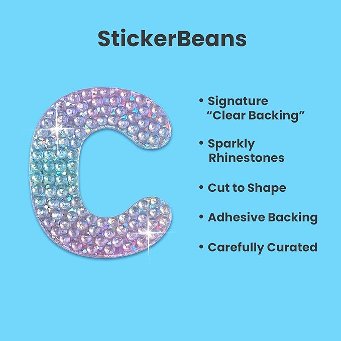StickerBeans® Rhinestone Alphabet Letter Sticker C - Unique Sparkly Design 2” x 2” Cut-to-Shape Adhesive - Personalization, Collecting, Gifting, Scrapbooking, Decorating Laptops, Phone Cases, All Ages