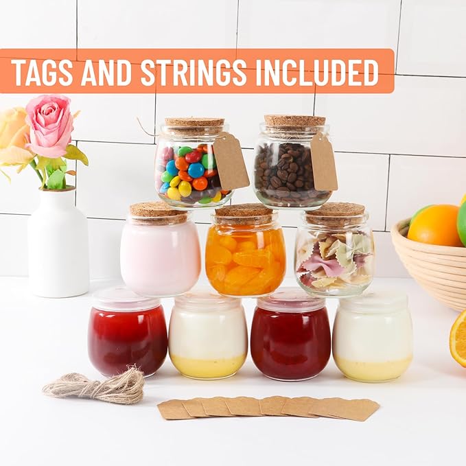 7oz Glass Jars with Cork & PE Lids 40Pack, Small Glass Pudding Jar for Wedding Favors, Milk, Jams and DIY Gift, Yogurt Jars with Tags and Twine Included