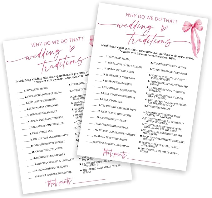 Bridal Shower Games Cards, Wedding Traditions Why Do We Do That, 25 Cards with 1 Answer Card, Engagement Party Games for Guests, Pink Ribbon Bow Wedding Party Supplies - E08