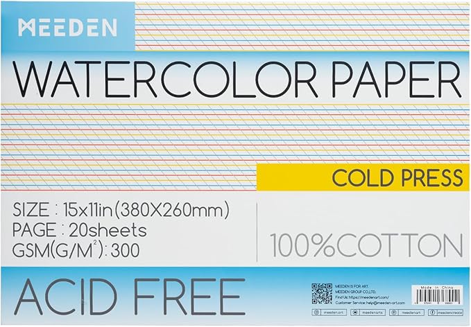 MEEDEN Watercolor Paper Block - 100% Cotton Watercolor Paper Pad of 20 Sheets, 140lb/300gsm, Acid-Free Art Paper for Watercolor, Gouache, Ink and More, 15" x 10" Cold Press