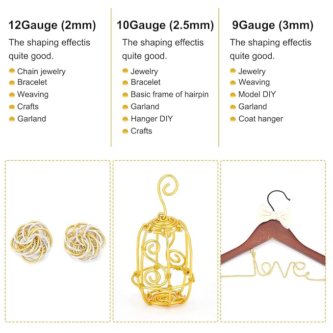 BENECREAT 9 Gauge Jewelry Craft Aluminum Wire 55 Feet Bendable Metal Sculpting Wire for Craft Floral Model Skeleton Making, Plant Gardening, Gold