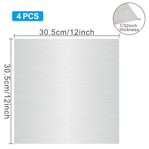 4PCS 12"x12"x1/32 Stainless Steel Metal Plates for Magnetic Mount Board Wall 20GA(0.80MM) 430 Stainless Steel Shim Stock Plates for Crafting, Kitchen, Office