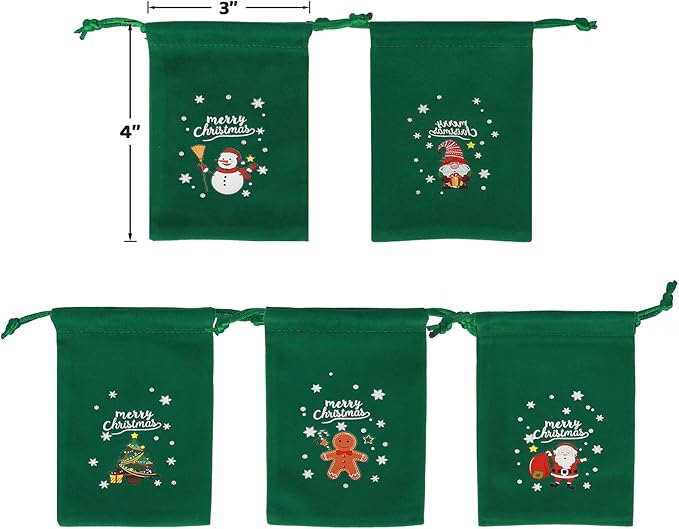 Tapleap Christmas Bags with Drawstring - 50Pcs 3x4 Green Velvet Coth for Wrapping Christmas Party Favors or Gifts for Friends, Children, Customers