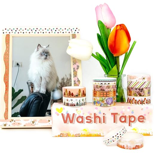 MPOPUUL Gold Foil Washi Tape Set 12 Rolls - Blooming Masking Tape, Decorative Tape for Bullet Journals Supplies, Gift Wrapping, DIY Crafts, Scrapbooking, Planners
