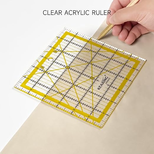 KERING Patchwork Quilting Ruler - 6x6 inch Non-Slip Acrylic Square Ruler for Foundation Paper Piecing, Bias Strips & Rotary Cutting, Durable Quilter's Tool with Anti-Slip Backing