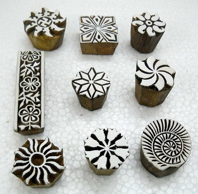 Pack of Nine Wooden Block Stamps/ Tattoo/ Indian Textile Printing Blocks