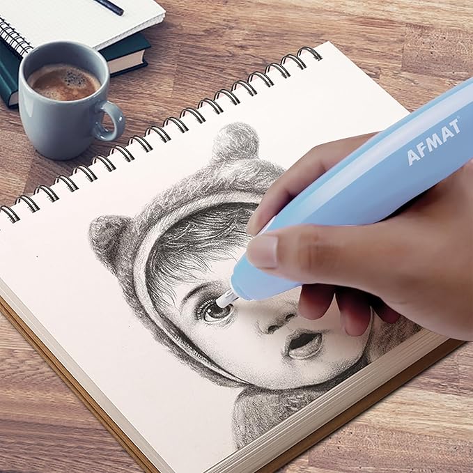 AFMAT EE04BL Electric Eraser, with 140 Refills, Rechargeable Pencil Eraser for Artist, Electric Erasers for Drafting, Drawing, Painting, Sketching, Architectural Plans, Detailer Tool-Light Blue