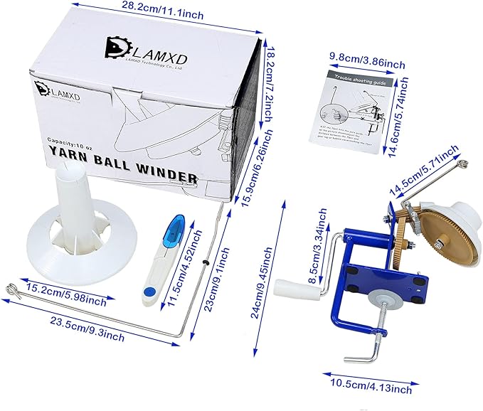 LAMXD Needlecraft Large Jumbo Metal Yarn/Wool/String/Fiber Ball Winder Hand Operated,10-Ounce,with Thread Cutter Scissors, Blue and White