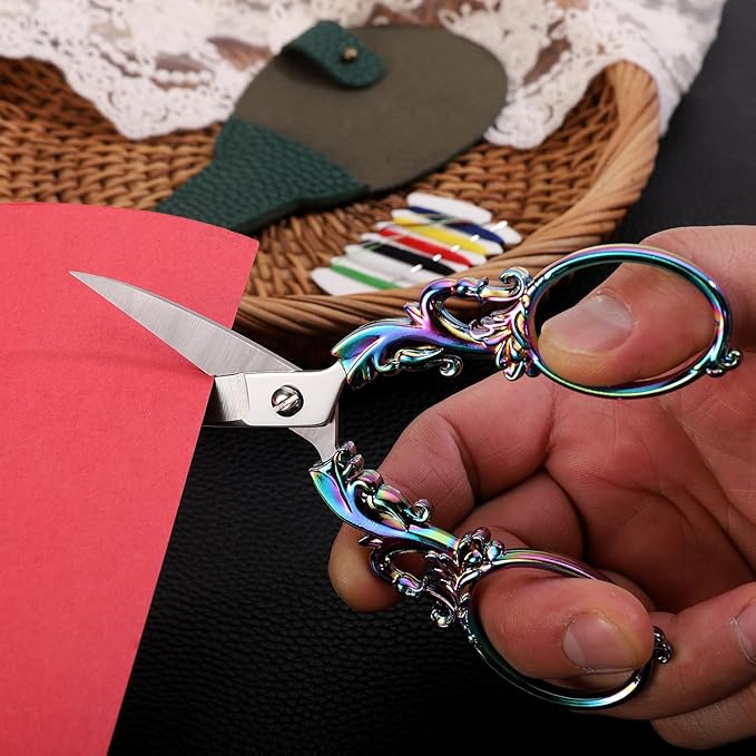Crafting Scissors, 5.3in Sharp Multipurpose Fabric Scissors with Sheath, Arts Sewing Quilting Office Home School Paper Cutting Shears, Rainbow Large Handles