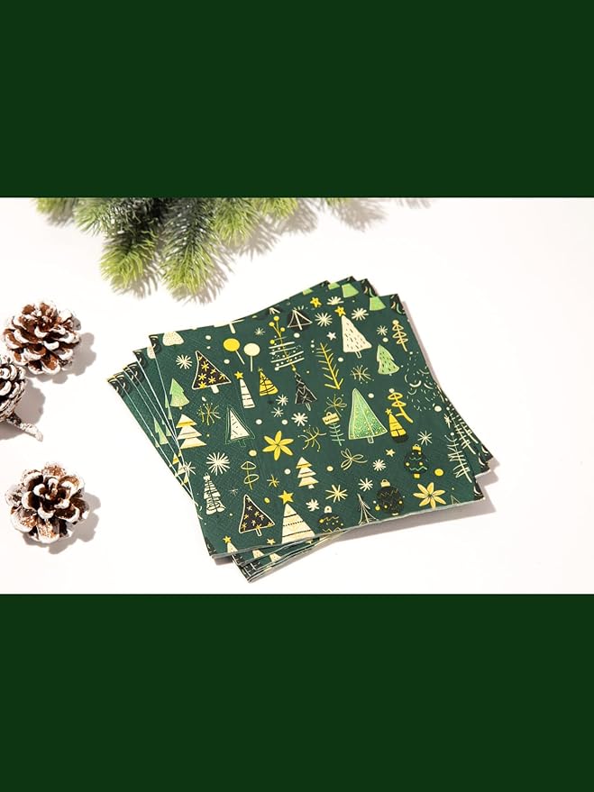 Premium Designer Paper Napkins, 3-Ply 6.5 x 6.5-inches Fold Disposable Decorative Winter Guest Christmas Holly Green Festive New Year Tree Party Lunch Dinner Napkin (20, Festive Green)