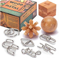 LESONG Brain Teasers Metal and Wooden Puzzles for Kids and Adults 9 Pack, Mind, IQ, and Logic Test and Handheld Disentanglement Games, 3D Coil Cast Wire Chain and Durable Wood Educational Toys