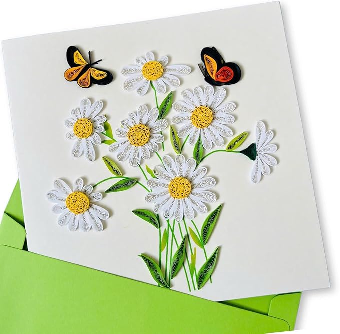 Quilling Cards, handmade card, quilled cards with Dedicated Paper Handmade Art for all occasions: Mother's day, Father's day, Birthday... daisy bouquet (With butterflies)