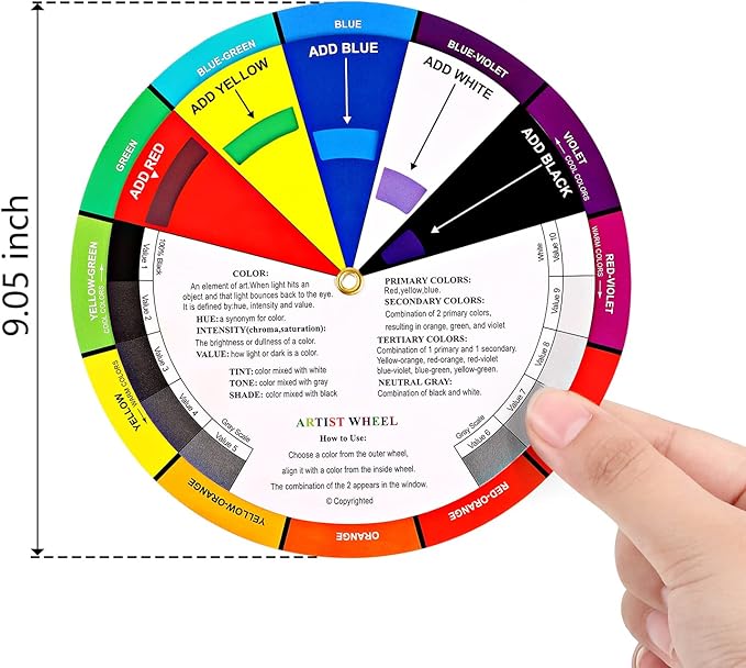 Outus 2 Pcs Color Wheel, Paint Mixing Learning Guide Art Teaching Tool Color Wheels for Makeup Blending Board Chart Mixed Guide Mix Colours(9.06 Inch/ 23 cm)