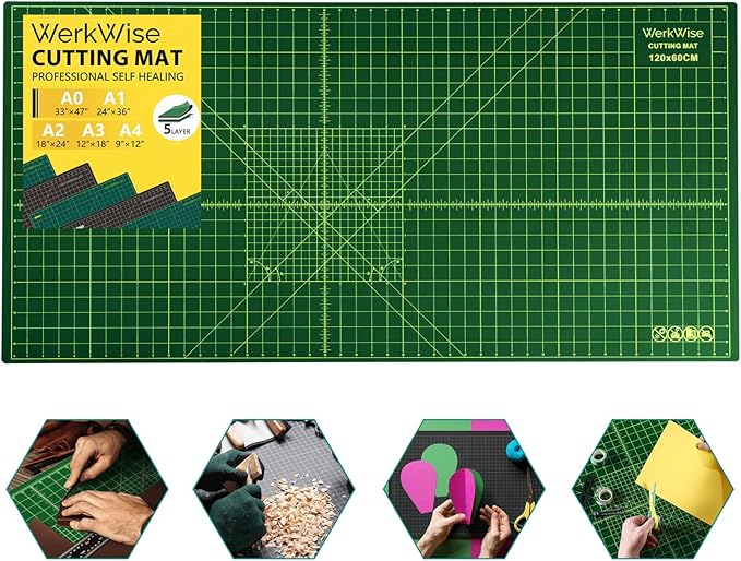 Large 23" x 47" Self Healing Sewing Mat, WerkWise Rotary Cutting Board, Double Sided 5-Ply 23x47 Inch Mat for Quilting, Sewing, Fabric, & Crafts, Designed for Use with Rotary Cutters (Green & Black)