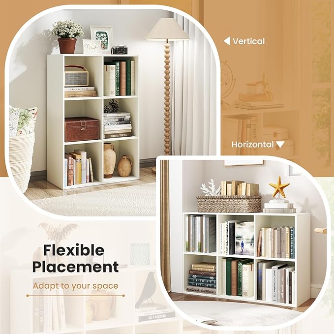 Giantex 6-Cube Bookcase, 3-Tier Cubby Bookshelf, Horizontal Vertical Display Rack with Anti-Tipping Kits, Modern Storage Organizer Shelf Unit for Bedroom, Living Room, Study Room, White