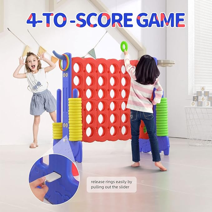 UNICOO Giant 4 in A Row Game with Carry Bag, Basketball Hoop, Ring Toss, 4-to-Score Game, Large Outdoor Yard, Parties & Gatherings (Blue & Red)