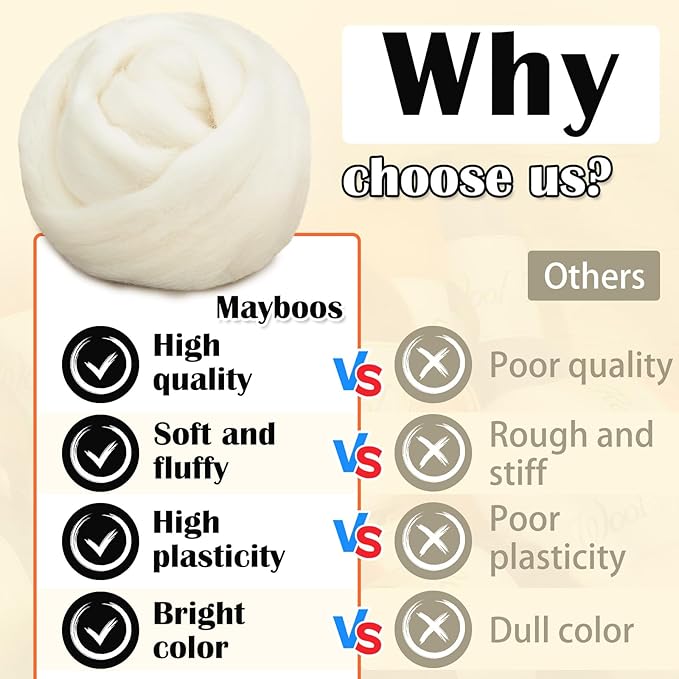 Mayboos Wool Roving Yarn, 1.76oz Colored Natural Wool Roving,Wool Felting Supplies Pure Wool Chunky Yarn for Wet Felting handcrafts and Spinning (White Color)