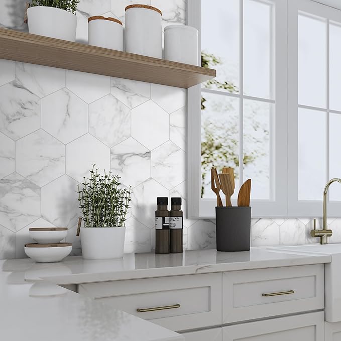 45-Sheet Hexagon Peel and Stick Backsplash, 6" x 7" White Calacatta Marble Looks Self Adhesive Wall Tile, Stone Composite Stick on Decorative Mosaic Tile for Kitchen Bathroom Fireplace