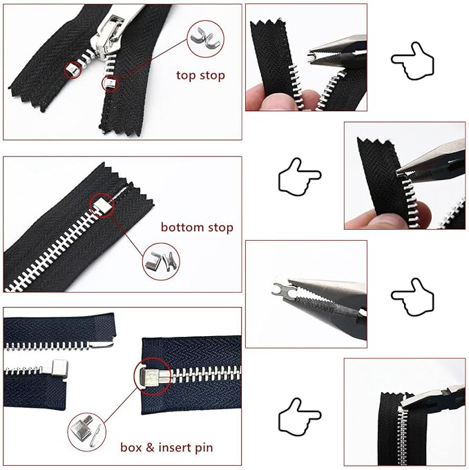 48-Piece Metal Zipper Repair Accessories Set - DIY Sewing Kit with Slider, Retainer, Box Insert, Pin, Top & Bottom Stoppers (Bronze)